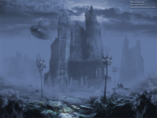 Morning Fog - 3D Art Fantasy Modern Surrealism Pictures Limited Edition Prints by George Grie. Keywords: fog, mystery suspense mystic mist  romantic dream illusion, foggy, trees, nobody, outdoors, dawn, landscape, fog, water, wilderness, boreal, misty, outside, conifers, morning, shark, horizontal, habitat, coral, nature, ocean, underwater, reef, marine life, school, sea, aquatic, fish