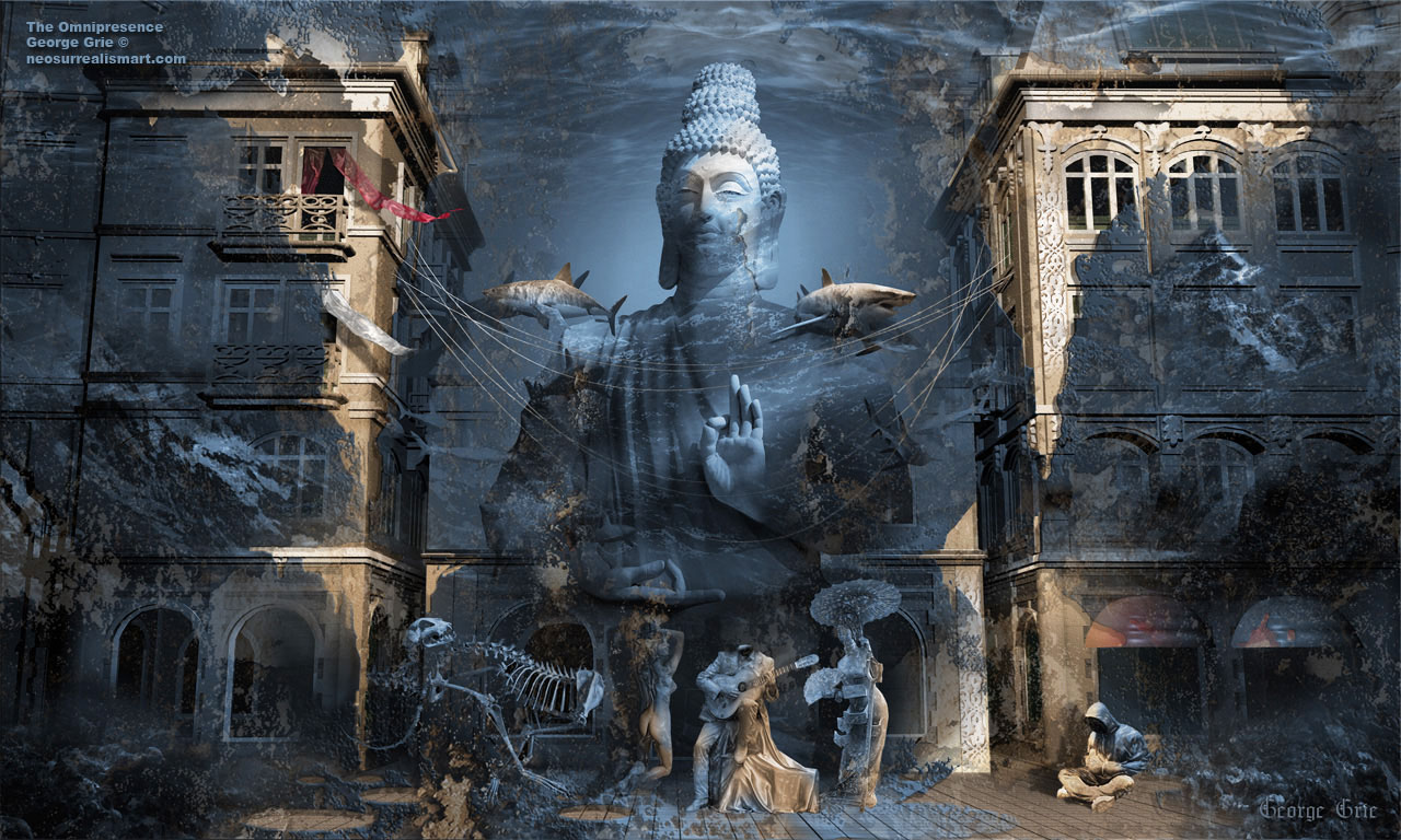 modern surrealism painting, contemporary surrealist graphic drawing, Нео-сюрреализм, романтизм, произведение искусства, современный, сюрреализм, цифровое искусство, графика, медитативная картина, медитация, молитва безмятежности, вдохновение, созерцание, подводный Будда, городской  пейзаж, вершины гор, скульптура Будды, горы, снег, композиция, белые акулы, тишина, пустота, небытие, иллюзия, живопись, графика, художник, реальность, художественная форма, безмолвие, просветление, самадхи, всеосознование, Абсолют, трансцендентность, поверхность, погружение, тишина, гармония, вездесущность, восприятие, индуизм, мысли, страхи, сон, мир мышления, игра бога, Париж, здания, архитектура, большой, голубой, религия, учение, история, памятник, скульптура, духовность, проспект, Европа, французский, город, большой, дом, улица, стиль, окна, сюрреалистический, многомерные, плакат, печать, концепция, философия, впечатление, взгляд, животное, скелет, рисунки, ирреальность, нереальность,