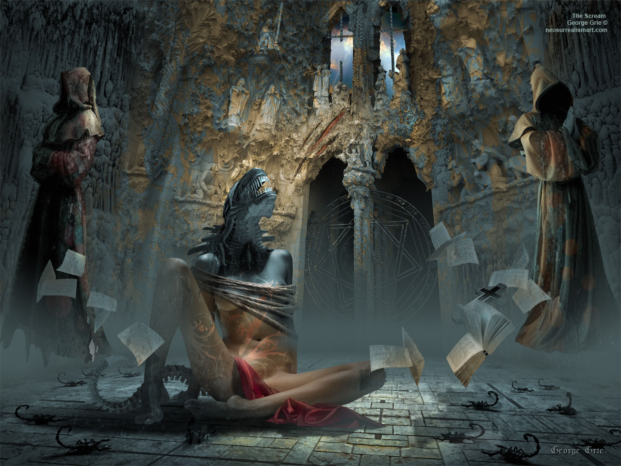 modern surrealism painting, contemporary surrealist graphic drawing, ghostly, alien, fantasy, evil, devil, mask, alien, haunted, haunting, scream, bible, spooky, cave, cathedral, poltergeist, exorcist, Neo-romanticism, neo-surrealism, romantic, surreal exorcism, scary, paranormal, monster, monk, church, surreal, antonio gaudi, chamber, window, prayer, religion, catholic, architecture, sky, goth, interior, gothic, perspective, spirituality, art print, culture, scorpions, famous, grie 