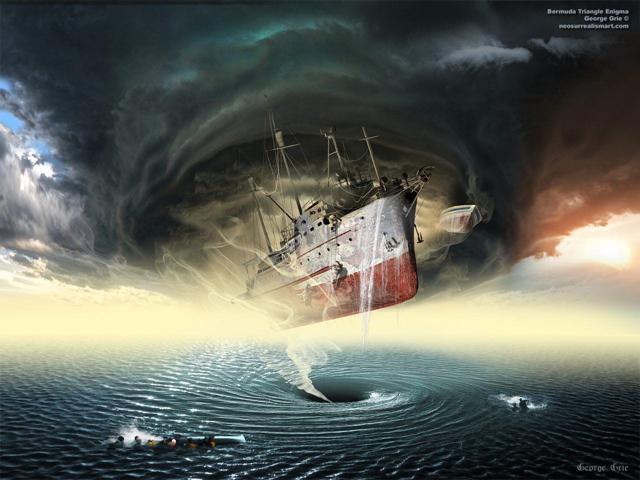 modern surrealism painting, contemporary surrealist graphic drawing,  Ship, tornado, Bermudas devil, mystery, sunken, ship, ocean, sea, hurricane, damage, fishingboat, Atlantic, pacific, lost, Bermuda triangle, boat, cargo, corrosion, debris, derelict, maritime, rust, vessel, seamen, wreck, wreckage, cloud, color, yellow, fog, mist, green, up lifted, floating, lonely, meditation, , boat, sky, thunderstorm, trap, view, whirlpool, enigmatic, secret, surreal, realistic, artwork, grie, surrealist, artistic, illustration, concept 