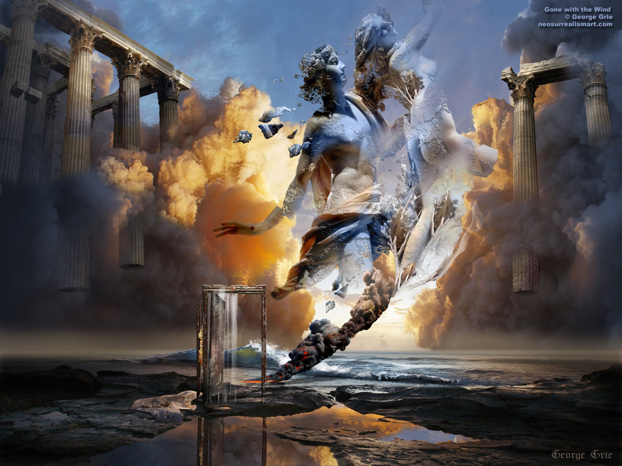 modern surrealism painting, contemporary surrealist graphic drawing, Architecture, Art, Sculpture, Statue, romanticism Statues, antique, baroque, beautiful, beauty, exterior, famous, gallery, gothic, historic, history, impression monument, museum, renaissance, surreal romantic ruins colorful column, dreamlike idealistic remains dramatic clouds pillar Greek Roman love myth legend, adoration allegory tale, God, nymph, tree seashore seascape skies Deity, sprite, graphic coastline panorama heavens, Divinity, fairy fantasy 