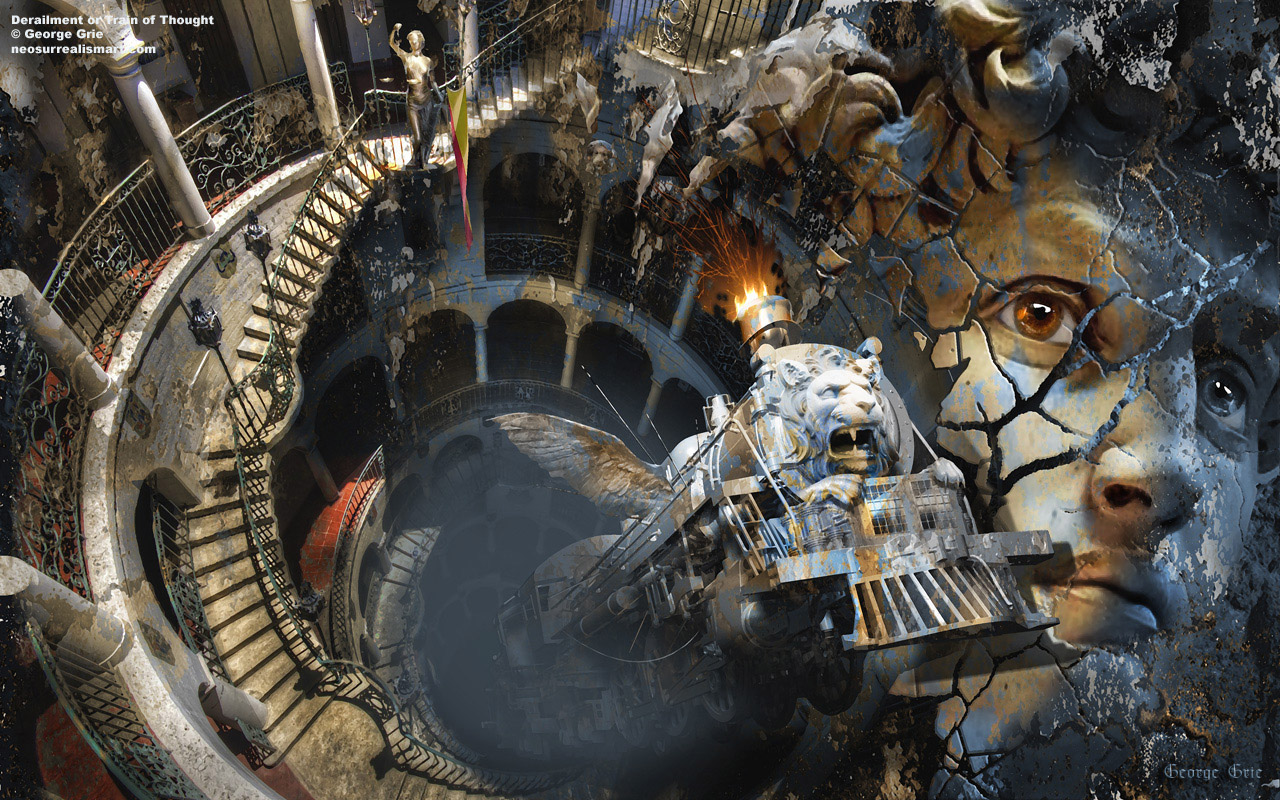 modern surrealism painting, contemporary surrealist graphic drawing, Architecture, Art, Michelangelo Sculpture, David Statue, renaissance portrait, antique, baroque, spiral stairs, interior, famous artist, surrealist gallery, historic, creative history, impression monument, surreal romantic ruins colorful dreamlike remains dramatic Roman legend, allegory graphic fantasy, Ozzy Osbourne crazy trains, locomotive, transportation, old, steam, vintage, railway, railroad, movement, railroad track, lion head, crash, derailment, danger, accident, catastrophe, dangerous 