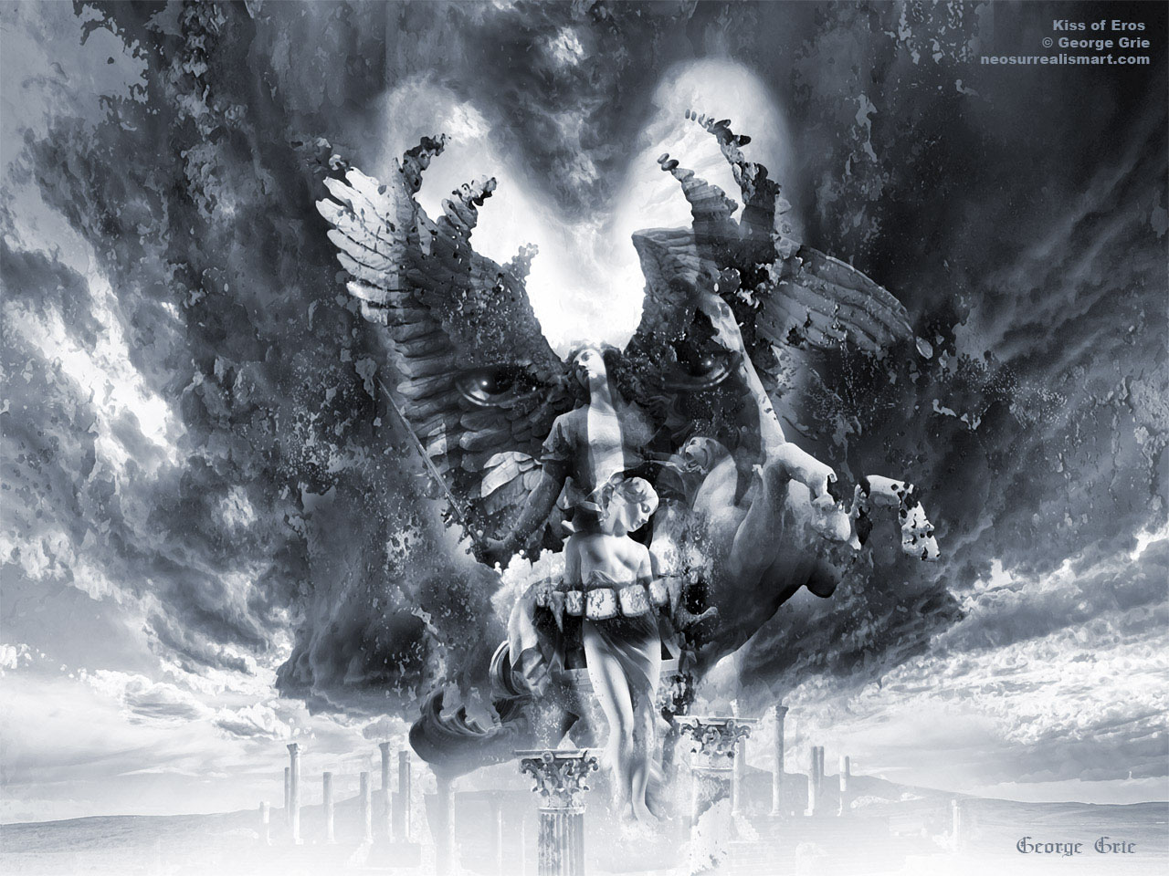 modern surrealism painting, contemporary surrealist graphic drawing, Романтика, поцелуй, ангел, мрачная фигура, музыкальная группа, рок-н-ролл, религия, маска, история, иллюстрация, интерпретация, демон, сюрреализм, обложка, компакт-диск, всадник, классический фантом, драматический, Gene Simmons, Хард-рок, хэви-метал, глэм-металл, арт, сюрреалистический, опасность, цифровой, небеса, нео-сюрреализм, концепция, плакат, принт, обои, произведения искусства, американский, крылья, знаковый дизайн макияжа, скульптура, мистический, графический дизайн, винтаж, фотошоп, конная статуя Король Людовика XIV, Бернини, Ч / Б, скульптура статуя портрет Возрождение, старинная, барочная, знаменитый художник, галерея творческая памятник впечатление,  драматической римской легенды, голова классицизм, античные элементы, Элегантность, пространство, сон, другая реальность, идея, композиция, психология, философия, эзотерика, мировоззрение, художник, пластика, колорит, форма, воображение, трансцендентное, синтез предметов, сюжет, графика, визуальные приемы, фантазии, фантасмагория, видение, психика