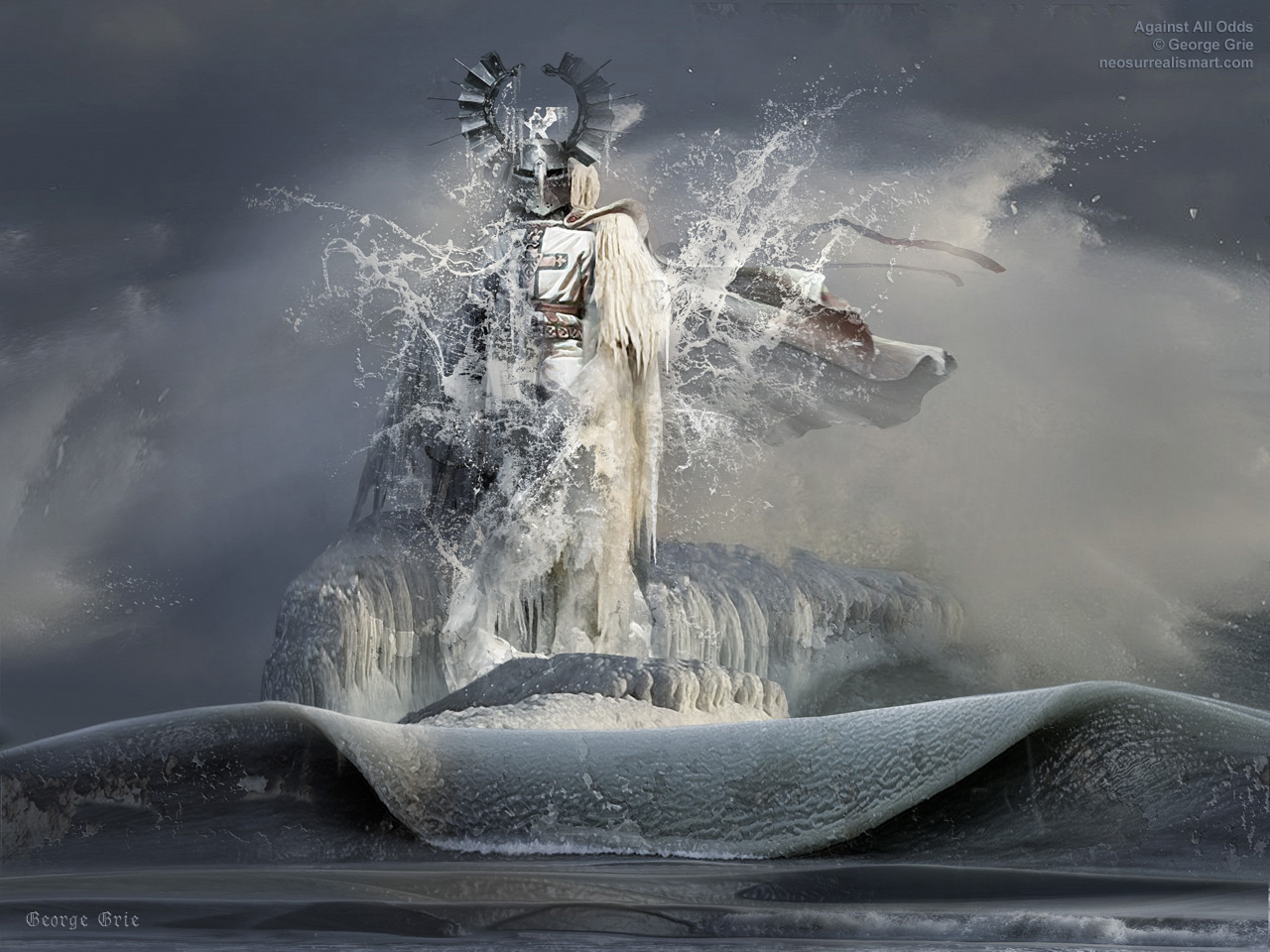 modern surrealism painting, contemporary surrealist graphic drawing, surreal, knight, general, wallpaper, cold, heroic, adventurer storm, demonic, bringer, afterlife, armored, demon, mythology, imaginary surrealism, battle doom, ice, energy, wave, age stoic, apocalyptic, wrath, ice, winter, king, painting, poster, warrior, soldiers, myth, art, icicle, path, metaphorical, historic, fantasy, allegorical, famous, imaginary, figurative, notable, fictional, matt 3-dimensional, crusader 