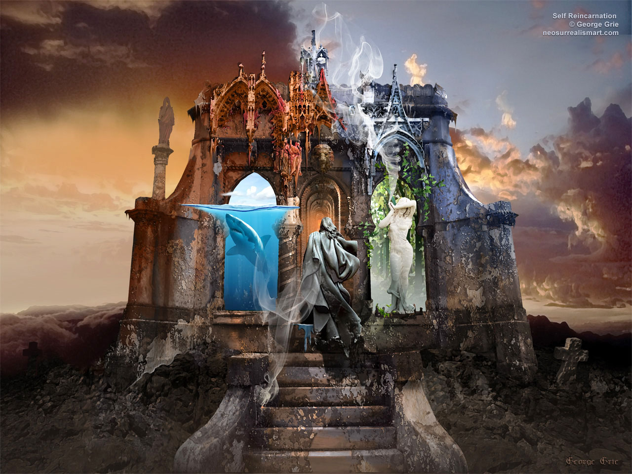 modern surrealism painting, contemporary surrealist graphic drawing, картина, нео сюрреализм, художник,  живопись, арт,  цифровое искусство, рисунок, иллюстрация, мистика, религия, жизнь, после, смерть, карма, душа, тьма, готика, путь, тоннель, дух, Ангел, небо, человек, акула, сознание, выход, опыт, врата, сон, видение, память, Тайна, мечта, регрессия, мегалит, архитектура, коридор, вход, духовный, Фон, силуэт, реинкарнация, портал, ландшафт, облака, декорация, безвременье, аллегория, фэнтези, стихия, Эдемский сад, образ, путник, дым, трансцендентальный мир, фантастические образы, реальность, невидимый мир, картина мира, прошлое, настоящее, глубинная память, духовная жажда, искания, арочные проемы, тишина, переход, фасад, вечность женщина, свет, огонь,  