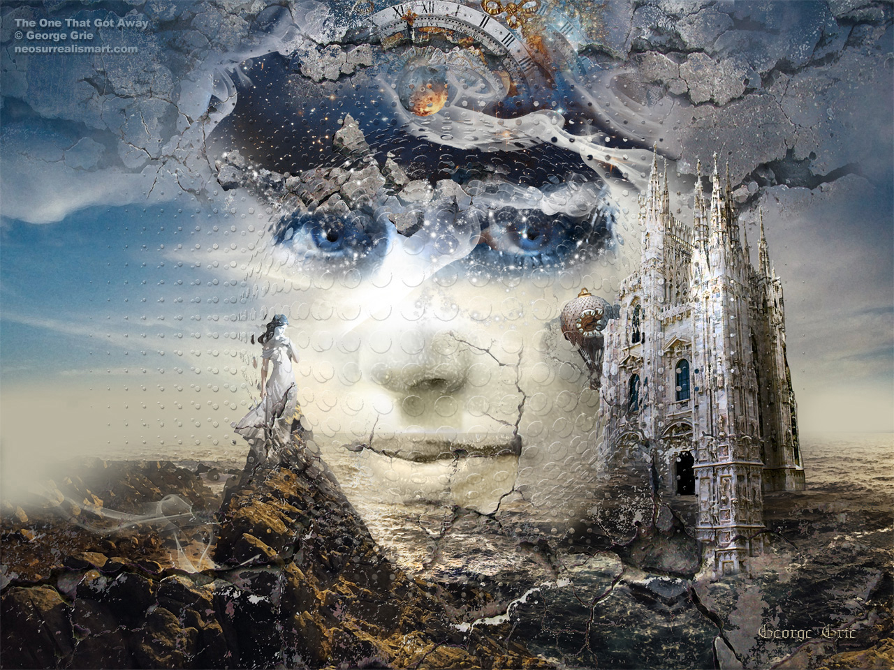 Snowfall in Parallel Universe or the One That Got Away, Snowfall,  star dust, Universe, neo-surrealism, romanticism, artwork, haven, sky, wallpaper, inspiration, the One That Got Away,  surreal idea, blue, beauty, scene, nature, digital, landscape, nostalgia gothic cathedral, cloud, celestial, cosmos, earth, ethereal, fantasy, fiction, galaxy, interstellar, wall, stones, shattered, planet, science, space, stars, beautiful, concept, dreaming, face, floating, girl, girlfriend, lips, love, magic, surrealism sci-fi, miracle, mysterious, person, portrait, romance, romantic, symbol, woman, young, Modern digital surrealism prints posters wallpapers 3d, custom framed artwork prints, limited edition giclee, surreal paintings, surrealist amous well-known artist gifts