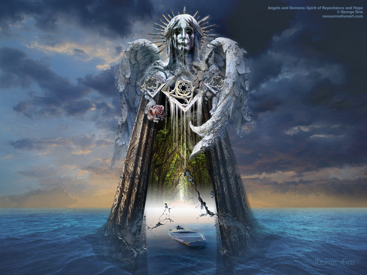 modern surrealism painting, contemporary surrealist graphic drawing, archAngel, neo-surrealism, romanticism, artwork, haven, sky, wallpaper, inspiration, Demon, surreal idea, blue, religion, scene, sea, digital, landscape, gothic theme, cloud, wings, fantasy, fiction, hope, repentance, pathway, stones, shattered, sinister, science, sculpture, boat, submerged, concept, dreaming, face, floating, archangel, , surrealism, miracle, mysterious, person, portrait, romantic, symbol, angelic, belief, biblical, catholic, Christ, Christianity, divine, heaven, faith, faithful, glory, god, guardian, holy, miracle, mystical, peace, pray, retro, sacred, saint, salvation, spiritual, soul, paradise, vintage 