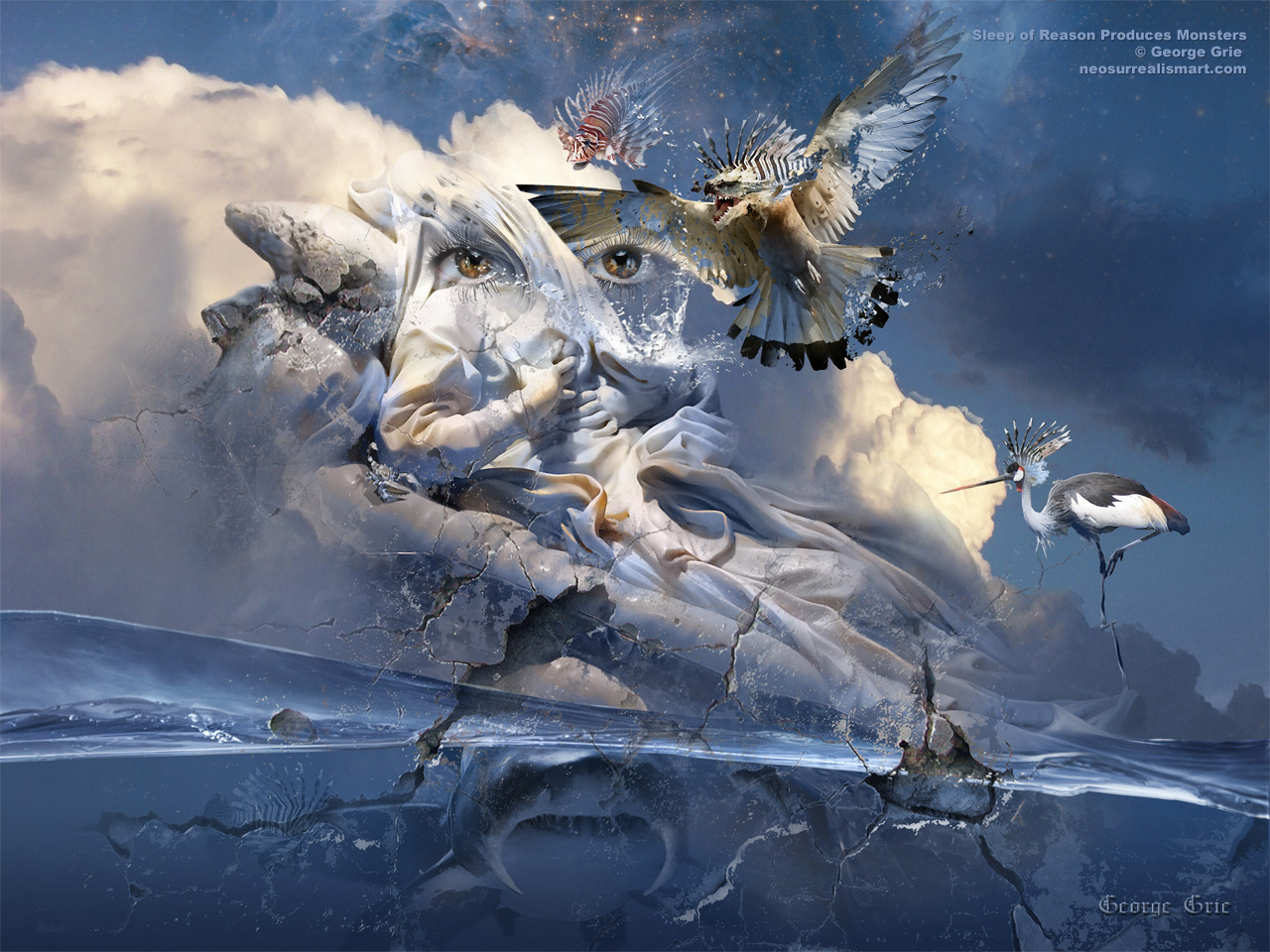 modern surrealism painting, contemporary surrealist graphic drawing, Мечта, женская фигура, плавающая, сюрреалистическая идея, синяя, подводная, акула, стена трещины, глаза, облако, птица, фэнтези, рыба, орел, камни, монстры, экстаз, полет, скульптура, фигурка, пространство, Франсиско Гойя, просветление, компиляция, возвышение, лицо, портрет, Лоренцо Бернини, ангел, сон, мистика, живопись, духовность, душа, художественные работы, аллегорические, исторический, памятник популярный, святой, камень, структура, стиль, небеса, Романтический идеализм Романтизм мечтательный, Духовный религиозный, философский, Сюрреалистический фантасмагорический, фигура, история, иллюстрация, интерпретация, сюрреализм, цифровой, нео-сюрреализм, концепция, плакат, принт, обои, произведения искусства, мистический, графический дизайн, винтаж, фотошоп, художник, галерея творческая впечатление, пространство, сон, другая реальность, идея, композиция, психология, эзотерика, мировоззрение, воображение, трансцендентное, сюжет, фантазии, видение, психика