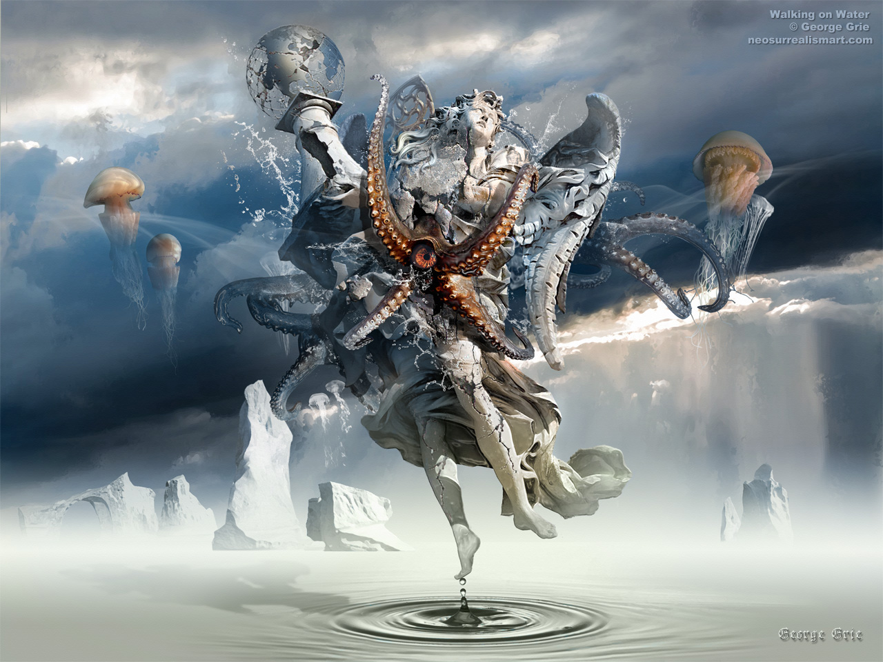 modern surrealism painting, contemporary surrealist graphic drawing,  imagination, fantasy, illustration, visualisation, drawing, Lorenzo Bernini sculpture, Baroque style, monument, octopus, explosion, jellyfish, angel, spirit, iceberg, water, floating, shape, silhouette, face, globe, landscape, spirit, male, impression, man, metaphoric, interpretation, monster, vision, creature, sky, fear, gloom, energy, ripple, splash, digital art, neo surrealism, artwork, artist, fine art, dream, illusion, popular, surrealist, artwork, painting, artist,