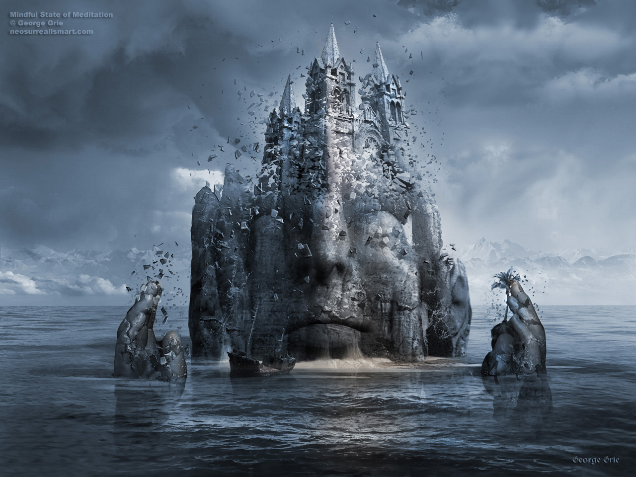 modern surrealism painting, contemporary surrealist graphic drawing, Surreal, surrealism, digital, artist, painting, graphic, scenic, meditation, trees, daylight, guided meditation, waterscape, island, atoll, shipwreck,  cathedral, castle, distraction, hands, stone, face, portrait, daydreaming, trance, debris, wreckage,  church, fortress, disturbance, gesture, pebble, appearance, picture, fantasizing, reverie, fragments, horizon, nature, ocean, waves, delusional misapprehension dreamy fantastical illusion, scenery, outside, destination, sea, ship, water, grey, green, totem, blue, reflection, face, contemplation, mind, mindfulness 