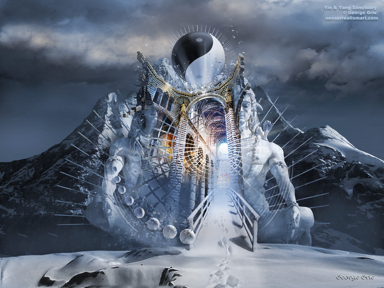 modern surrealism painting, contemporary surrealist graphic drawing, Surreal, neo-surrealism, digital, artist, painting, graphic, scenic, meditation, mountain, snow, bridge, pass, foot prints, temple, sanctuary,  cathedral, ball, Yin and Yang, hands, stone, face, Lord Shiva Statue, dynamic, trance, monumental, sculpture,  teaching, gesture, peace, appearance, picture, fantasy, fragments, nature, optical illusion, scenery, face, contemplation, mind, mindfulness, self-motivated, dream, massive, monument,  education, mythology, philosophy, concept, image, unreal, remains, landscape, background, observation, awareness, India, Himalayas, China