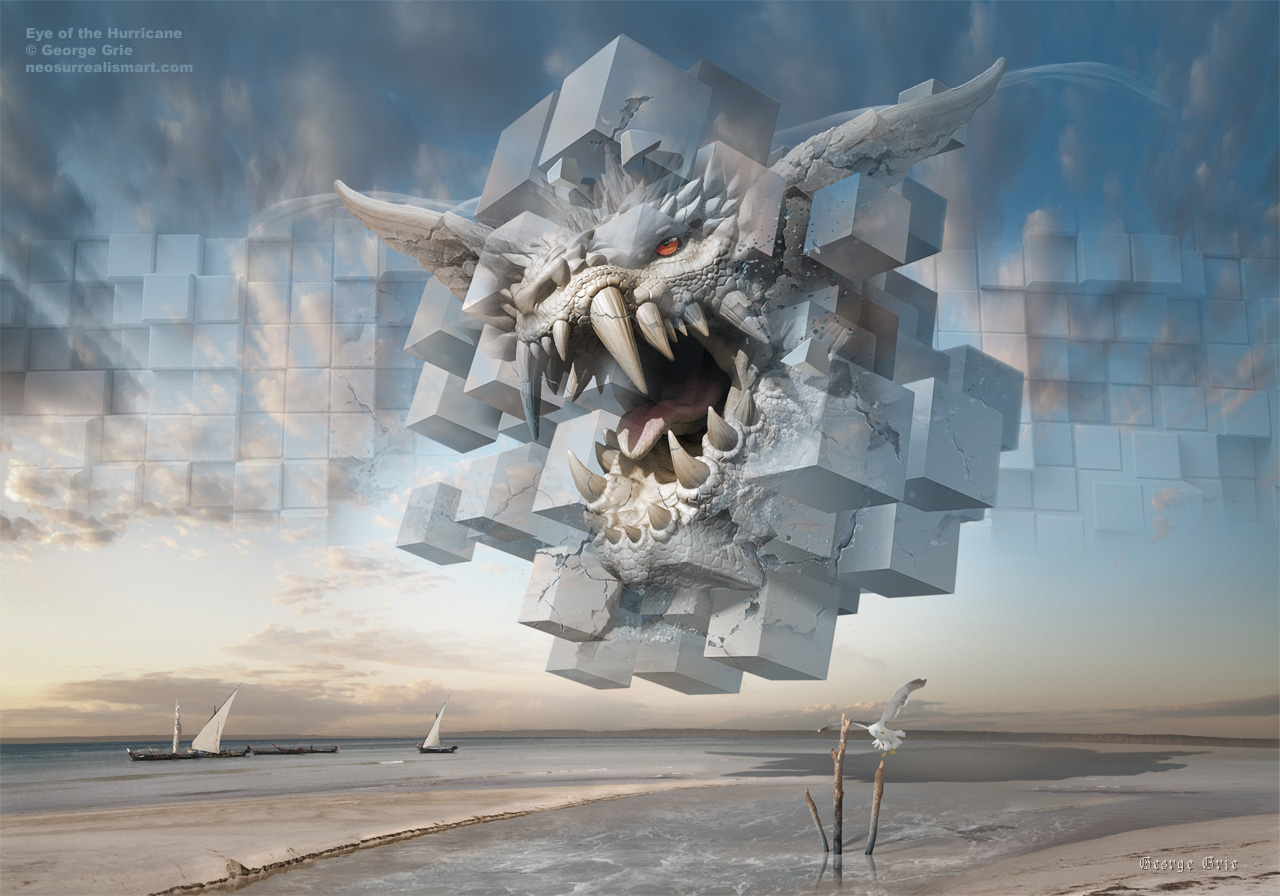 modern surrealism painting, contemporary surrealist graphic drawing, Surreal, neo-surrealism, digital, artist, matte painting, graphic, cubes, dragon, clouds, jaws, wings, shore, sea,  seascape, hurricane, aggressive, illusion, stone, optical, experimental, animal, creature, monster, seagull, picture, fantasy, fragments, blue, optical illusion, expression, dynamic, massive, fictional, low viewpoint, concept, image, eye, destroyer, tornado, storm, rock music, epic, atmospheric, silence, 3d, 3-dimentional, death, black metal