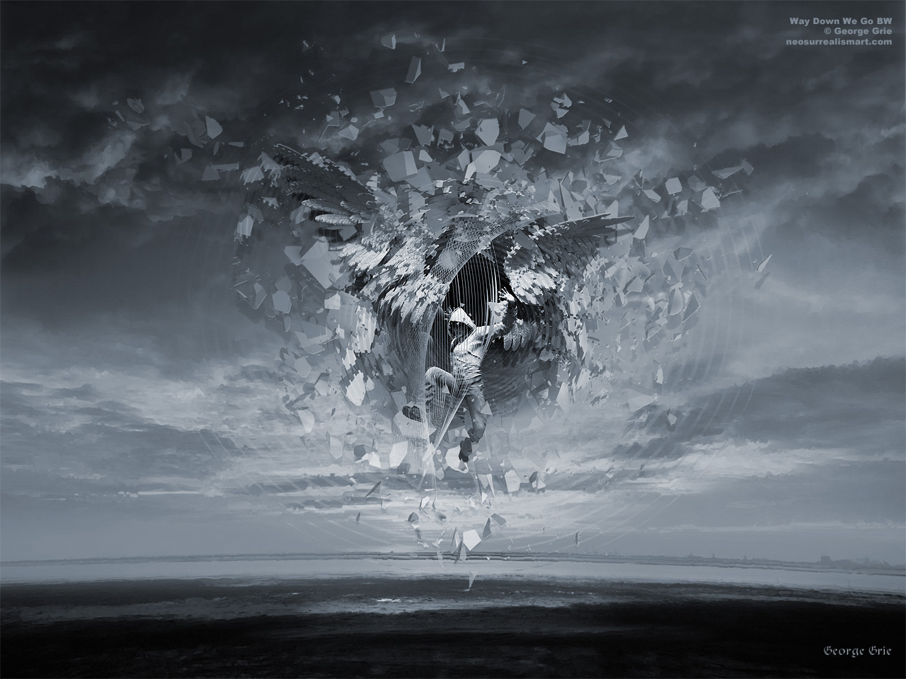 modern surrealism painting, contemporary surrealist graphic drawing, Surreal, neo-surrealism, digital, artist, matte painting, dropping archangel, ruined daydreams, man, figure, falling, disastrous ambitions, despair, distress, graphic, clouds, wings, shore, seascape, illusion, optical, experimental, picture, fantasy, misery, desolation, hopelessness, fragments, optical illusion, expression, dynamic, low viewpoint, concept, cover image, rock music, epic, atmospheric, silence, 3d, 3-dimentional, death idea, black metal