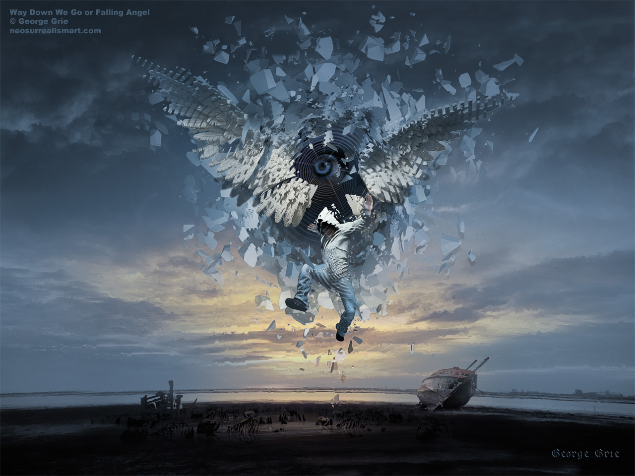 Surreal, neo-surrealism, digital, artist, matte painting, dropping archangel, ruined daydreams, man, figure, falling, disastrous ambitions, despair, distress, graphic, clouds, wings, shore, seascape, illusion, optical, experimental, picture, fantasy, misery, desolation, hopelessness, fragments, optical illusion, expression, dynamic, low viewpoint, concept, image, rock music, epic, atmospheric, silence, 3d, 3-dimensional, death idea, black metall