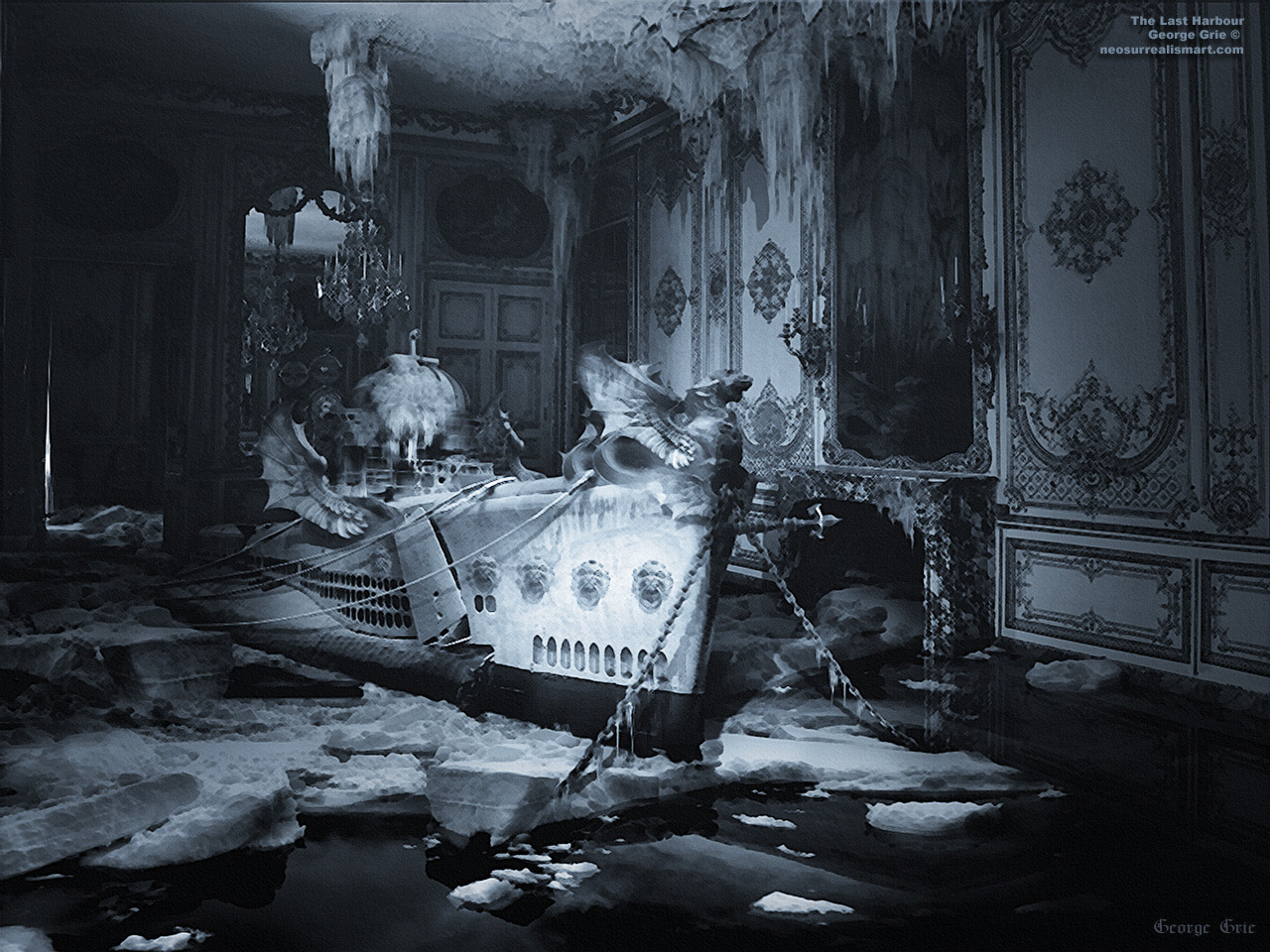 modern surrealism painting, contemporary surrealist graphic drawing, Secret hideout harbor seaport dock, ancient submarine ship vessel, gargoyle renaissance classic fancy, ice water icicles stalactites cave, interior fireplace mysterious mystifying island surreal dark blue, architecture, fresco, art, detail, rococo, gold, painting, Renaissance, antique, area, bohemia, bohemian, building, cathedral, ceiling, east, europe, indoor, interior, light, location, old, paint, pillar, religious, saint, sculpture, st, style, wall, 