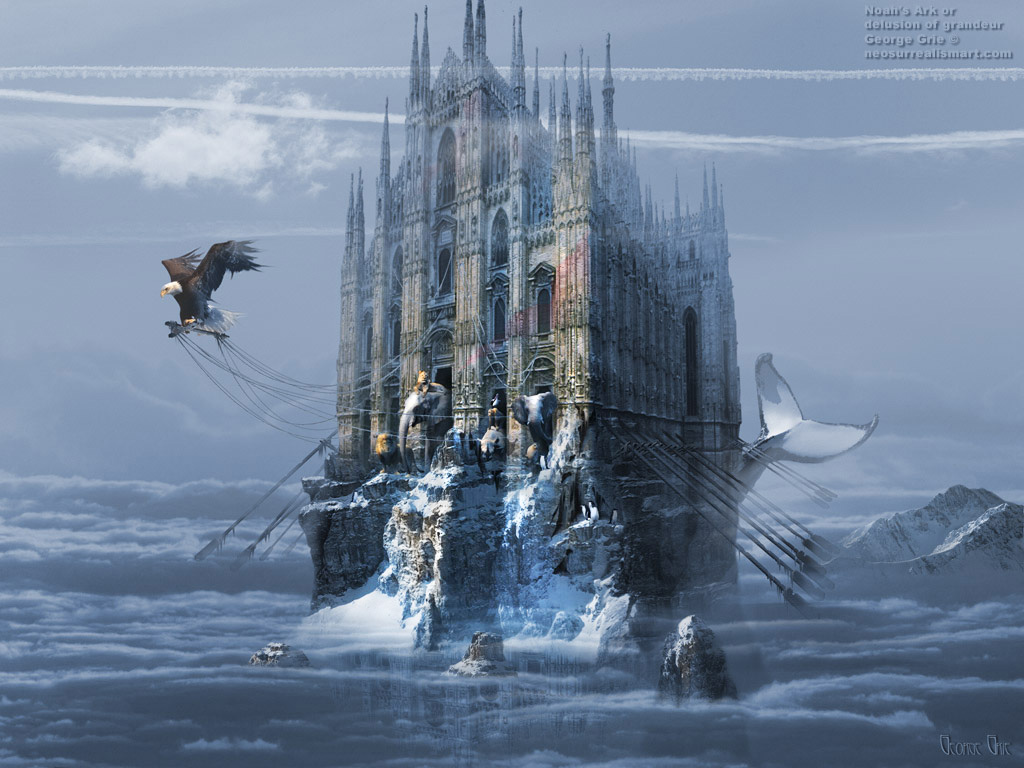 modern surrealism painting, contemporary surrealist graphic drawing, Mountain cathedral, architecture, Catholicism religion, gothic, nature animals eagle elephants lions, scenic atmosphere, sky clouds above calm suspended, peace mythology, tranquil cloudy, Architecture, Art, Blue, Building, Catholic, Christian, Duomo, Europe, Holy, Italy, Religion, Religious, Saint, Sculpture, Sky, Statue, Stone, ancient, big, cathedral, church, european, facade, faith, gothic, historic, history, italian, landmark, lombardy, marble, medieval, milan, milano, ornate, place, roof, tower, white, worship