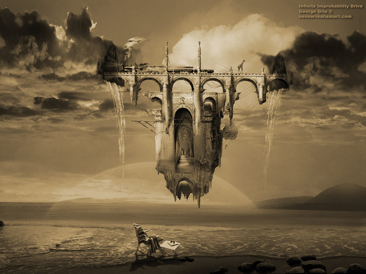 modern surrealism painting, contemporary surrealist graphic drawing, картина, нео-сюрреализм, художник, живопись, арт, цифровое искусство, рисунок, иллюстрация, мыслители, фантазеры, мечтатели, художники, причудливые формы, фантастические, прекрасные, облака, причудливые формы, композиция, фон, стихия, волны, горизонт, Зрительный зал, стол, стул, пространство, экран, многомерное пространство, фантасмагория, фантастическая жизнь, облако-туннель, облако-магистраль, высшая реальность, бессознательное, архитектурные элементы, строения, скульптуры,  Возрождение, Готика, Классицизм, Античность, шедевры, творения. эстетика, воздушный виадук, мост святого Ангела, Бернини, Барокко, арочная колоннада, портал, жираф, конструкция, парашютист, воздух, гравитация. материальность, воздушность, вода, туннель, воздух, красота, гармония, море, волны, горизонт, архитектура, собор