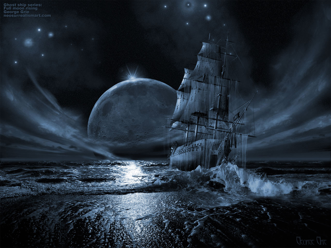 modern surrealism painting, contemporary surrealist graphic drawing, Surrealism, romanticism, lunar landscape, graphic work, painting, the theme of the sea, the idea, Image, art, pattern, sea, fearsome ocean, water expanses, sky, clouds, nature, emotions, boundless world, sky, moon, poetry, macrocosm, infinity, lonely reflection, full moon, space body, phantom ship, caravel, shore, stranded, seafarers, sailors, superstitions, voyages, gravity, wind, sails, signs, catastrophe, storm, trouble, deck, ghosts, mast, sails, board, deck, night time, supernatural, otherworldly, silver light, night mysteries, romantic seascape.