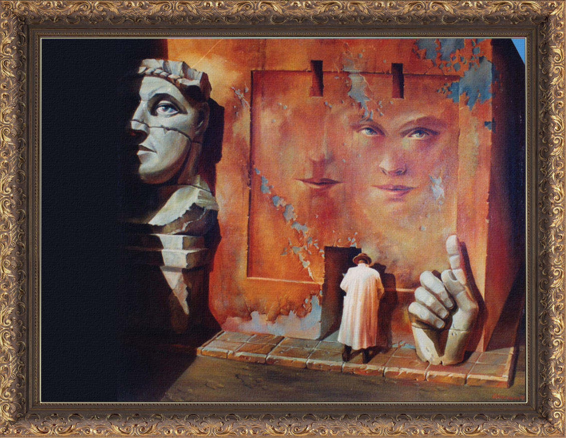 modern surrealism painting, contemporary surrealist graphic drawing, Fine Art painting, Classical illustration, traditional pencil drawing, oil on canvas, painting, surrealism, phantasmagoria, modern art, artistic form, color, texture, paint, brush strokes, tone, feeling, dynamics, pseudo-abstract surrealism, experimental over realism, symbolism, meaning, visual images, fantasy flight, content, psychological experience, pictorial canvas, exhibition, man, loneliness, inner world, woman, image, facade, memory, dream, stone object, sculpture, wall, plaster, stone jungle whether city, the emotional world, entrance, doorway, door, portrait, effects, corners of consciousness, experience, vision and reality