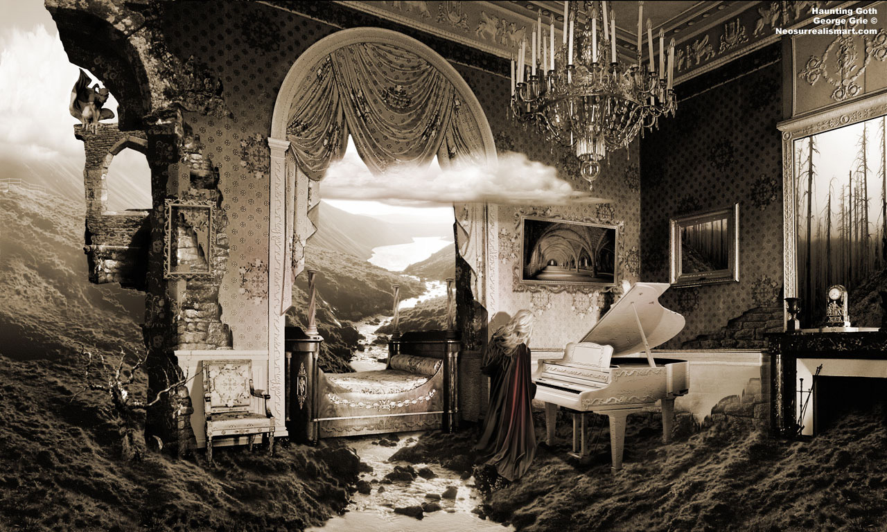 modern surrealism painting, contemporary surrealist graphic drawing, Music instrument piano landscape interior classic gothic figure walls arch, composition picture grand piano scenery internal archetypal Goth body river curve, harmony surreal keyboard background center traditional medieval stature human composer arc, inspirational mystic surrealistic philosophical decoration dark, motivating spiritual unreal dreamy ornamentation shady, goth fashion gothic music emo music