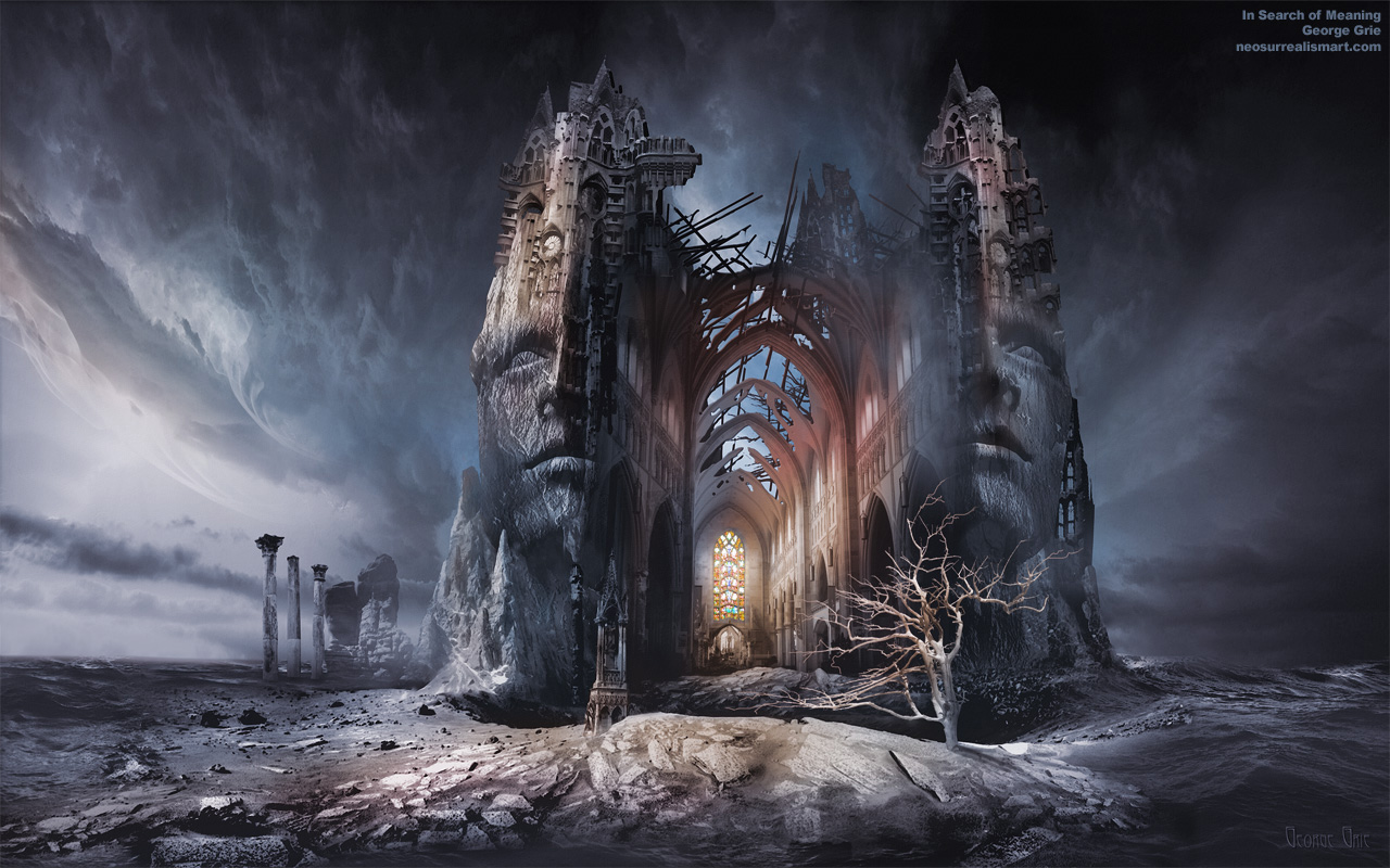 modern surrealism painting, contemporary surrealist graphic drawing, Ancient, portrait architecture, building, carved, cathedral, catholicchurch, dusk, facade, famous, heritage, historic, landmark, monument perspective, popular, religious, ruin, saint, stone, structure, style, sunset vintage, world, worship face, Skies, sky the blue the heavens atmosphere, Romantic idealistic Romanticism passionate dreamy, Spiritual religious sacred divine inspirational motivating philosophical, Surrealistic phantasmagoric, Mountains peak mountain mass cliff rocks, tree plant wasteland, Landscape scenery countryside land 