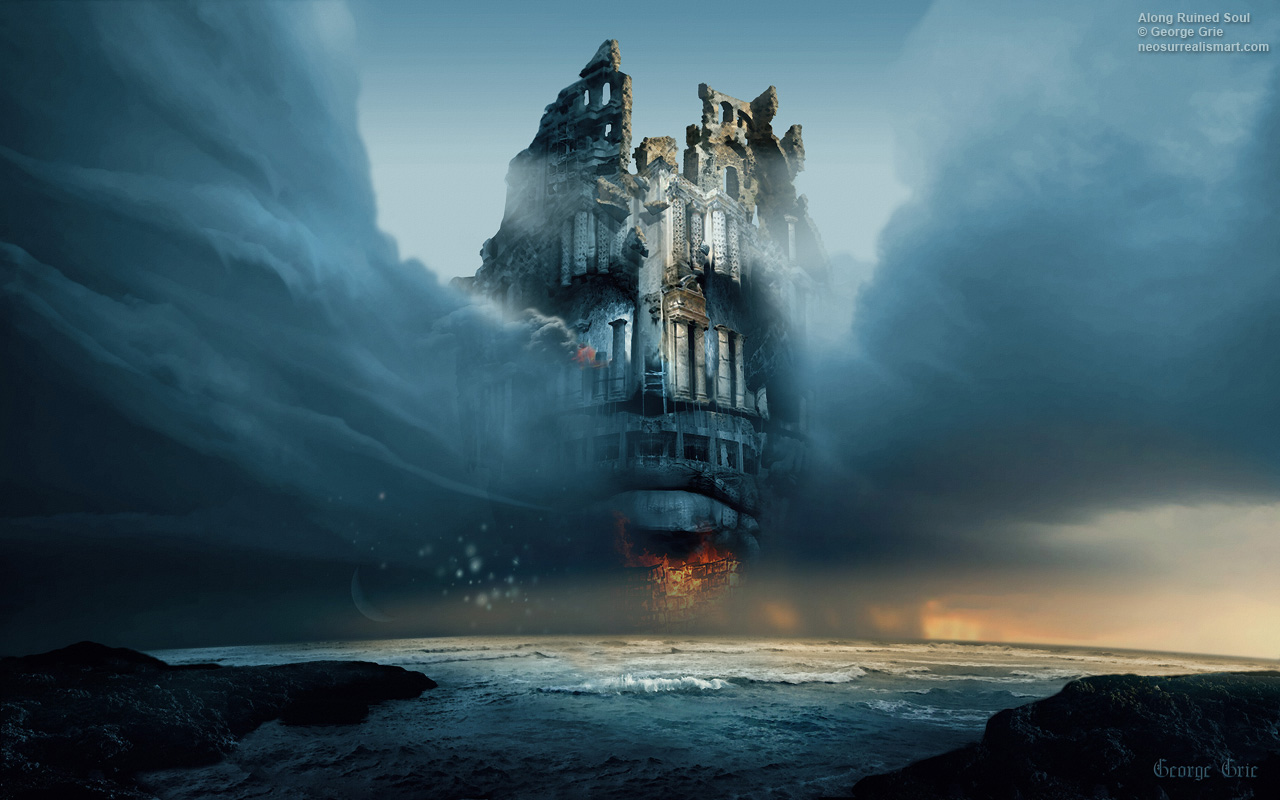 modern surrealism painting, contemporary surrealist graphic drawing, Dark Landscape mystical dangerous phantasmagoria digital poster limited edition giclee art print metaphorical allegorical symbolic, Along Ruined Soul dreamlike fantastic Horizon sea stone rock face architecture wave sky cloud view Neo-romanticism, neo-surrealism, romantic, surreal Philosophical thoughtful tribute art surrealism digital picture blue Zdzislaw Beksinski 3d matte painting photography surreal surrealistic, perspective ocean Photoshop facade building solemn fine art Posters framed prints Romantic neosurrealism computer image depressed photo 2d canvas 