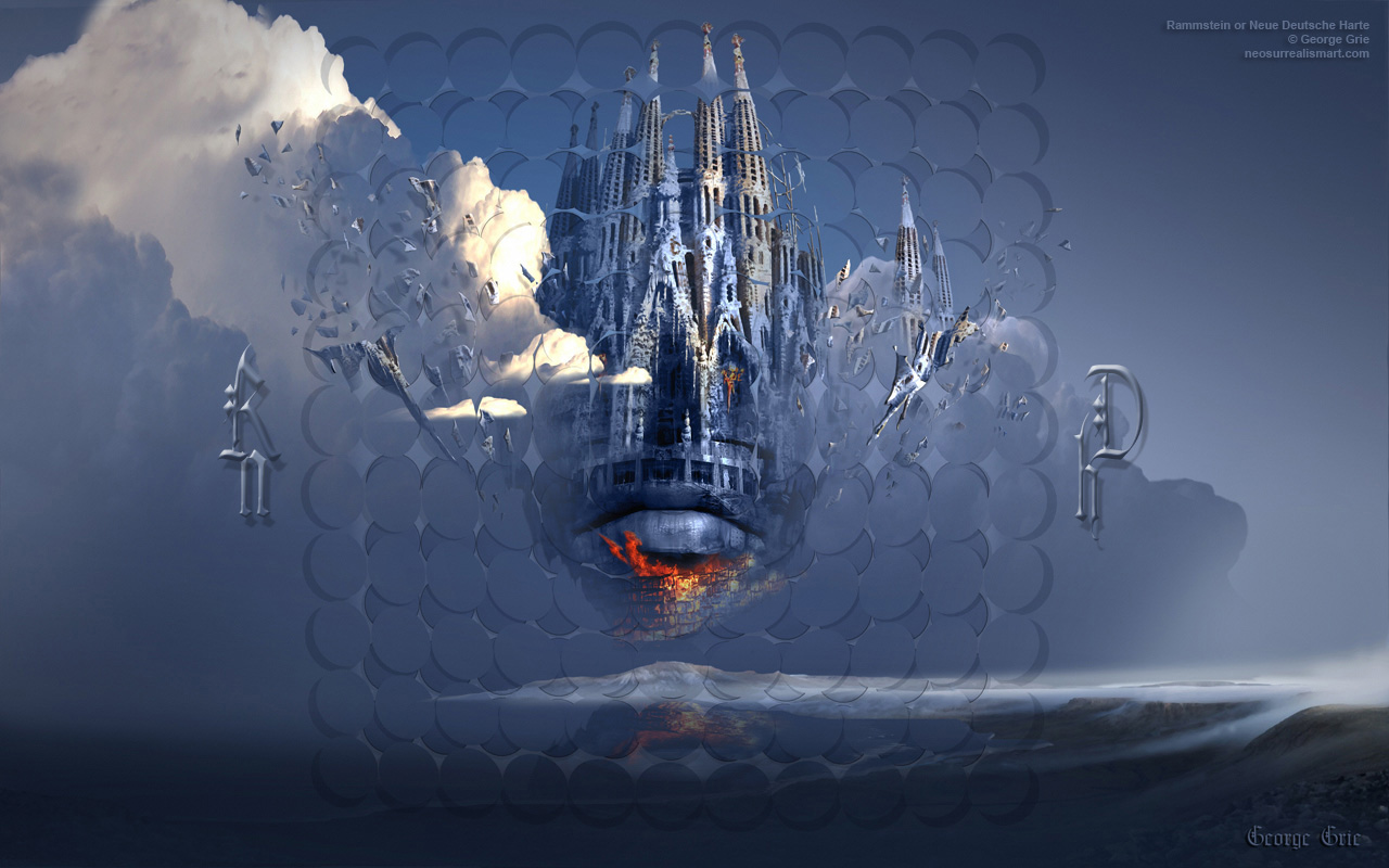 modern surrealism painting, contemporary surrealist graphic drawing, Пейзаж мистический рассвет, плакат ограниченное издание, альтернативные обои, сказочный сказочный хард-рок, морской камень рок лицо архитектура собор облачный вид дворец арт сюрреализм цифровая картинка синий Гауди картина фотография сюрреалистическая, металл океан Photoshop фасадное здание торжественное изобразительное искусство Романтический сюрреализм ритм, готика и смерть Германское фото холст