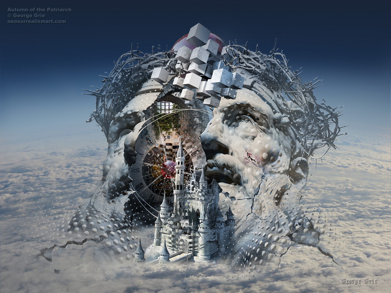 modern surrealism painting, contemporary surrealist graphic drawing, Surreal, neo-surrealism, digital, artist, painting, graphic, sculpture, portrait, clouds, cathedral, castle, temple, elderly,  clock, mind dungeon, prison, cubes, stone, face, statue, man, trance, monumental, alchemy, picture, fantasy, fragments, science, optical illusion, philosophy, mindfulness, massive, mythology, viewpoint, concept, image, exoteric, remains, observation, degradation, rock music, Epic, Atmospheric, symphony, Death, Black Metal